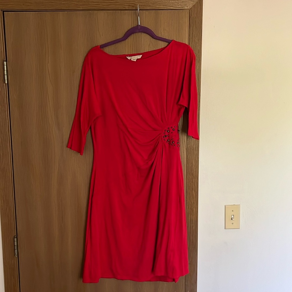 Red Off the Shoulder Dress with studded waist cinch | Size 14
